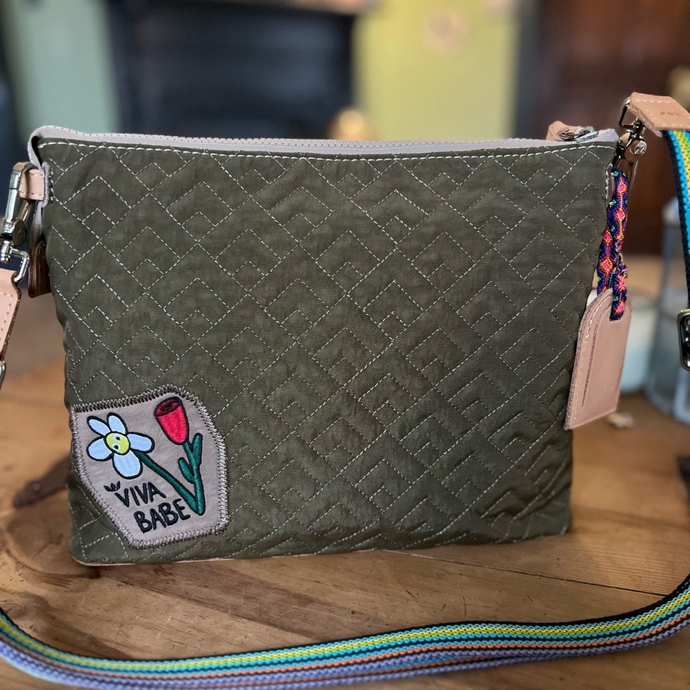 Consuela Olive Quilted Crossbody Bag with Multicolor Strap